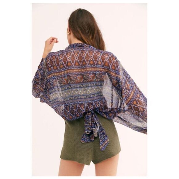 Free People Solstice Shimmer Tie Front Kimono Geometric Blue Shimmer - Picture 2 of 8